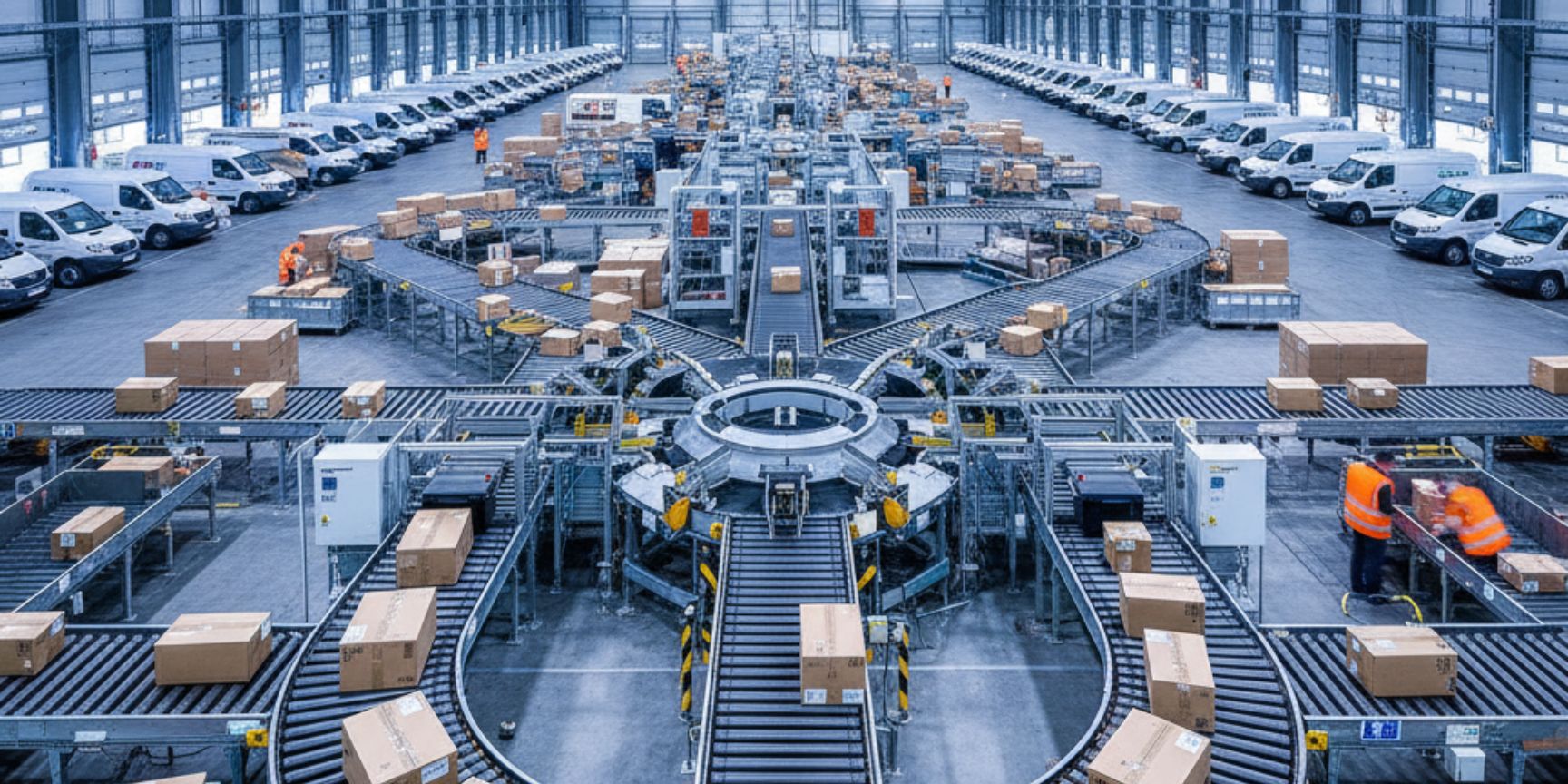 Große, moderne KEP-Paket-Sortieranlage in einer Logistikhalle mit Förderbändern, die unzählige Pakete zu wartenden Lieferwagen sortieren, symbolisiert Effizienz und den Kernprozess von Kurier-, Express- und Paketdiensten.